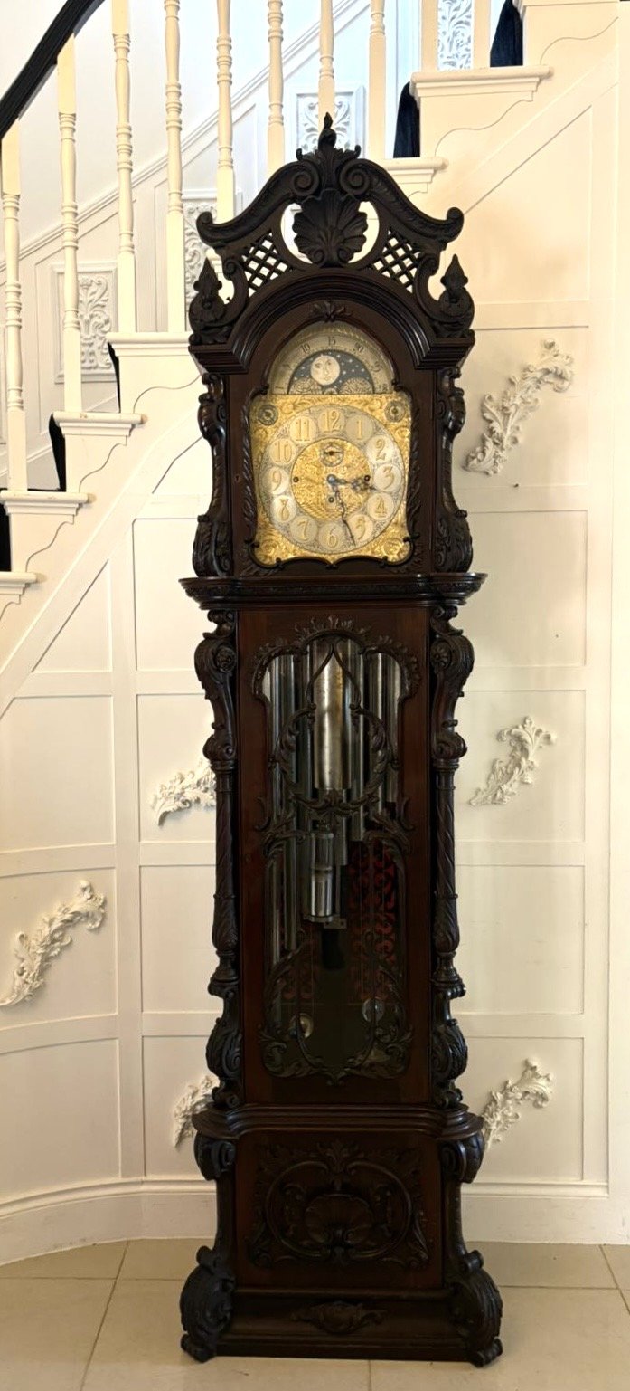 Antique Exhibition Quality Carved Mahogany Nine Tube Chiming Longcase Clock